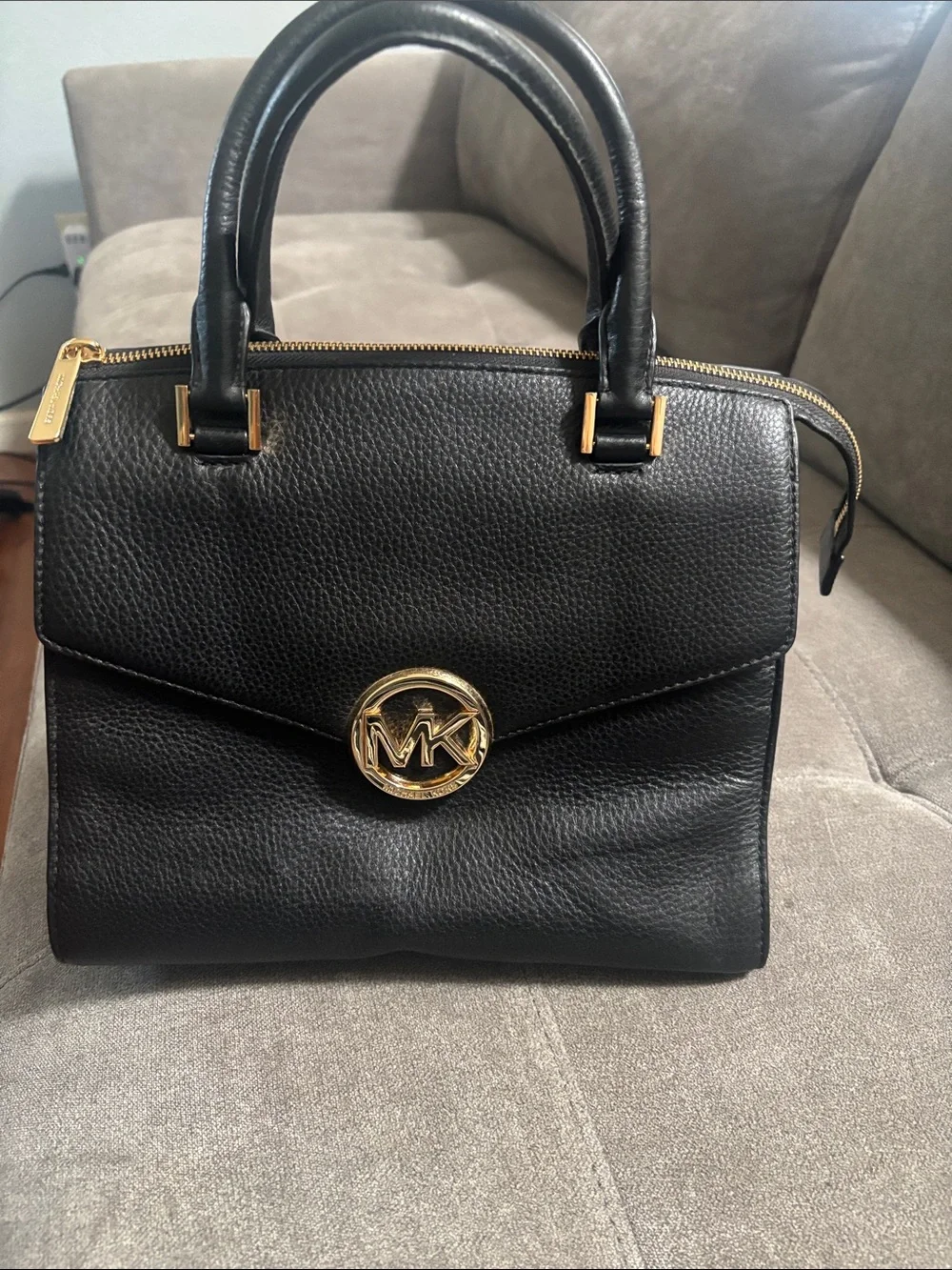 Michael Kors Black Leather Structured Top-Handle Satchel with Gold Hardware